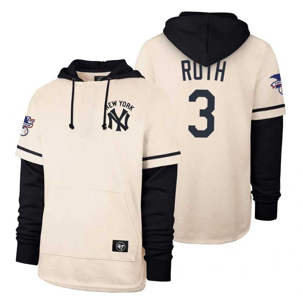 Men New York Yankees 3 Ruth Cream 2021 Pullover Hoodie MLB Jersey